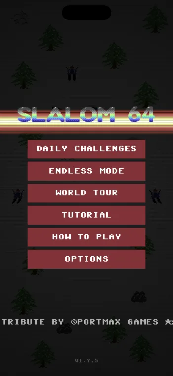 Slalom 64 main menu in C64 pixel art style