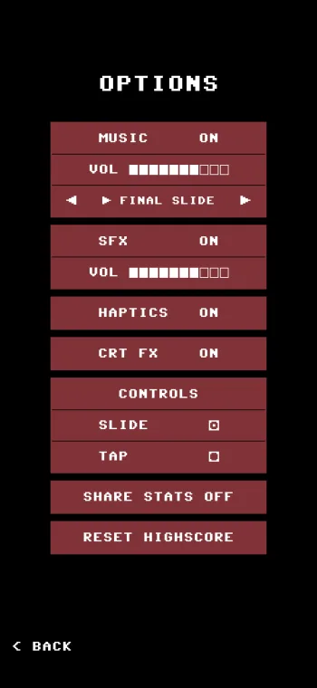 Slalom 64 options screen with CRT filter and chiptune track selection